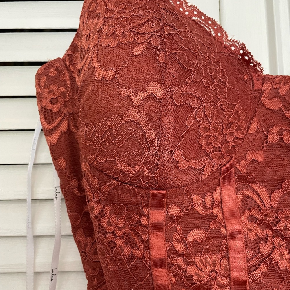 Lulus Wow-Worthy Rust Brown Lace Bustier Bodysuit - Picture 6 of 8